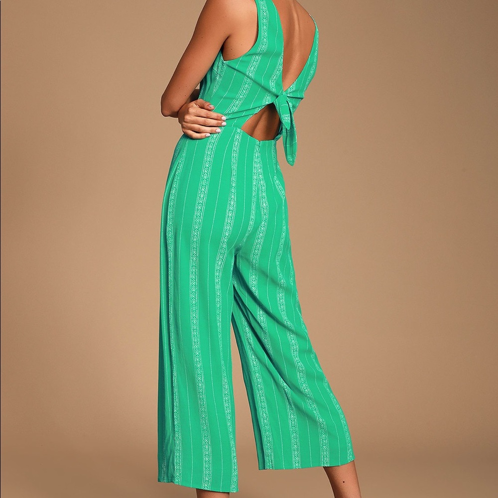 Green Striped Sleeveless Tie-Back Culotte Jumpsuit